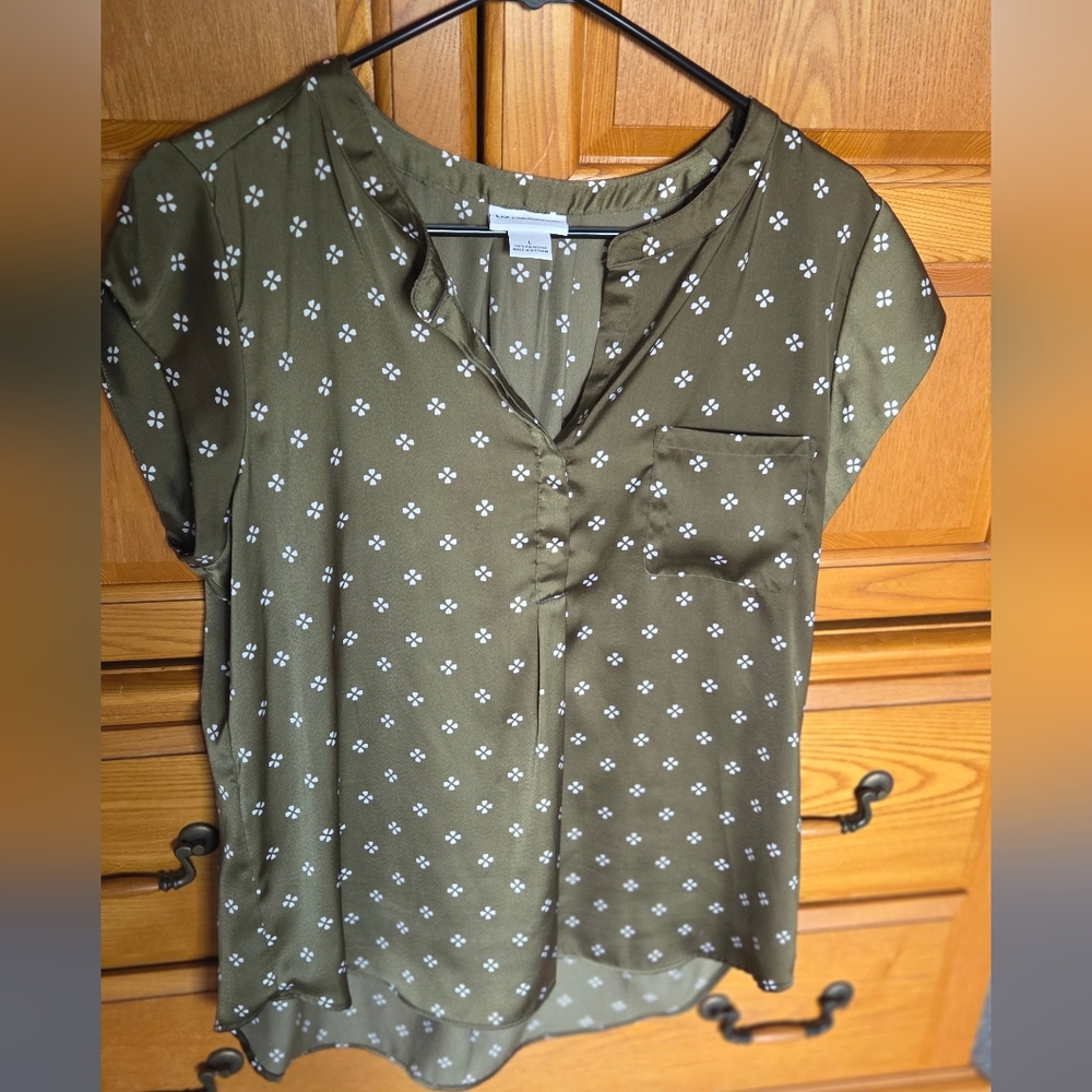 Olive Green Women's Top with White Floral Pattern